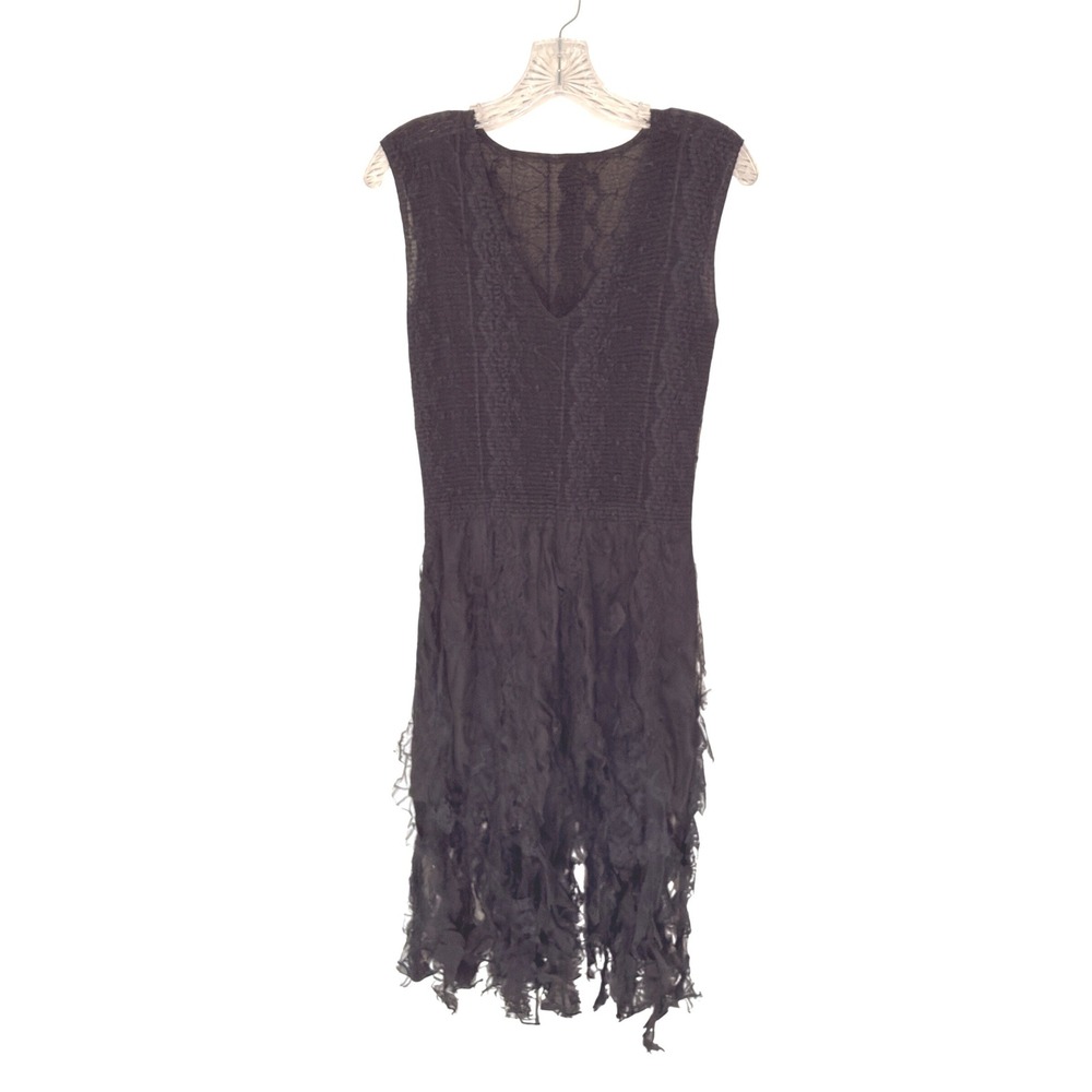 Women's Black Shredded Lace Smocked V-Neck Midi Dress Gothic Avant-Garde